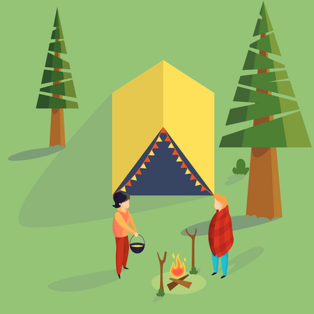 Couple standing at the campfire and cooking Illustration
