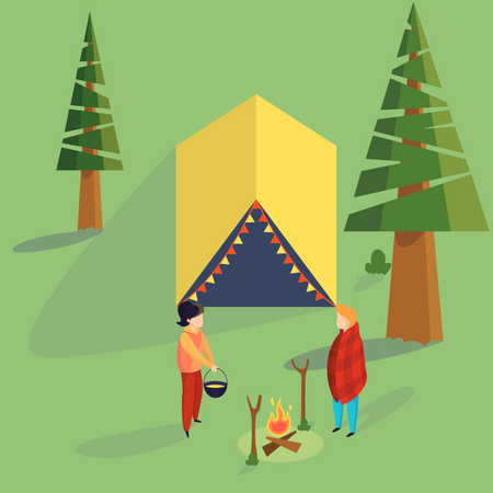 Couple standing at the campfire and cooking  Illustration