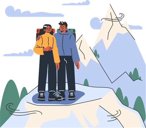 Couple standing at top point of montain  Illustration