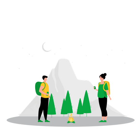 Couple standing beside campfire  Illustration