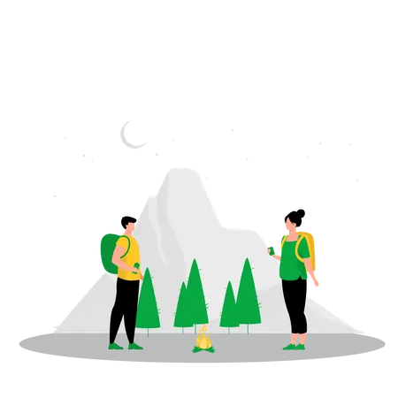 Couple standing beside campfire  Illustration