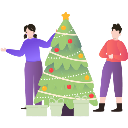Couple standing by Christmas tree Illustration