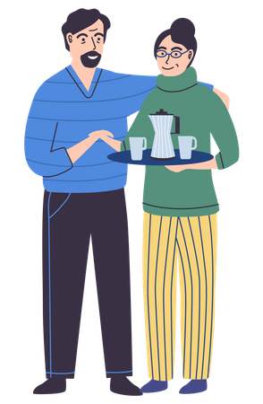 Couple standing holding tray with cups Illustration
