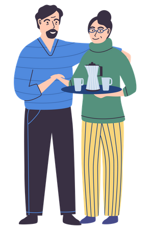 Couple standing holding tray with cups  Illustration