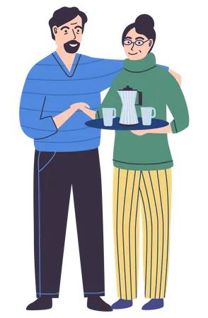 Couple standing holding tray with cups  Illustration