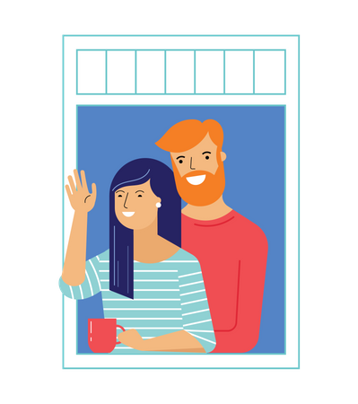 Couple standing in balcony waiving hand Illustration