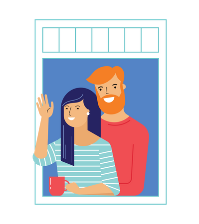 Couple standing in balcony waiving hand  Illustration