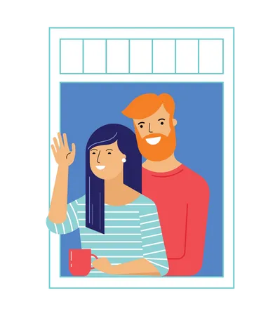 Couple standing in balcony waiving hand  Illustration