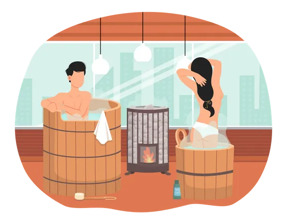 Couple standing in fonts. People in hot steam are bathing and spending romantic time together Illustration