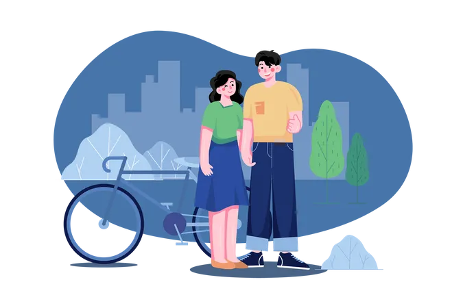 Couple standing in park near bicycle  Illustration