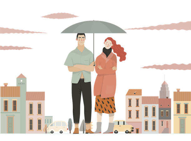 Couple standing in rain holding umbrella Illustration