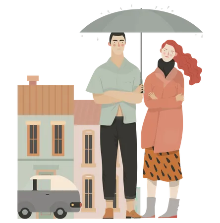 Couple standing in rain holding umbrella Illustration