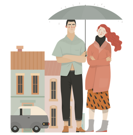 Couple standing in rain holding umbrella  Illustration