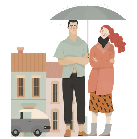 Couple standing in rain holding umbrella  Illustration