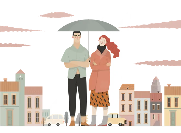 Couple standing in rain holding umbrella  Illustration