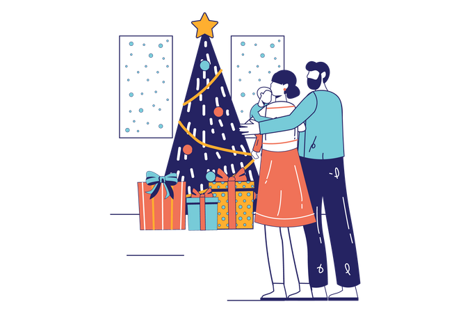 Couple standing near christmas tree Illustration