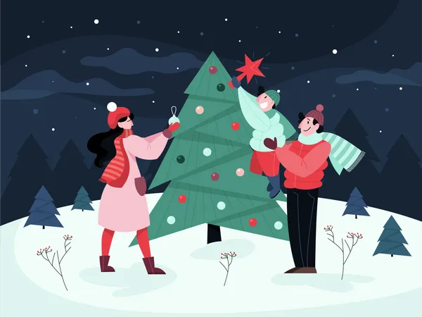 Couple standing near christmas tree  Illustration