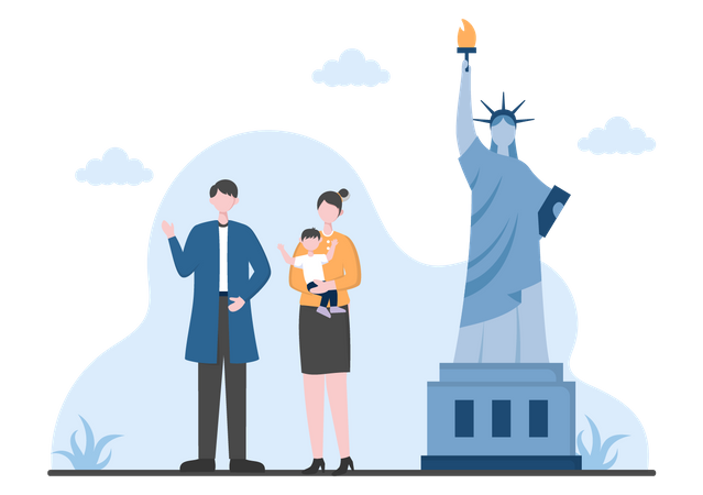 Couple standing near statue of liberty  Illustration