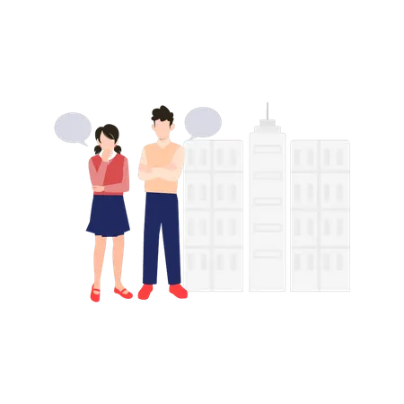 The Couple Is Standing Outside A Building Illustration