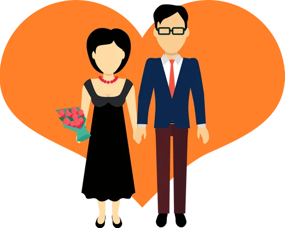 Couple In Love Banner Man And Woman Boy And Girl Holding Hands And Bouquet Of Flowers In The Background Of The Heart Silhouette Romantic Banner Flat Together Male And Female Vector Illustration Illustration