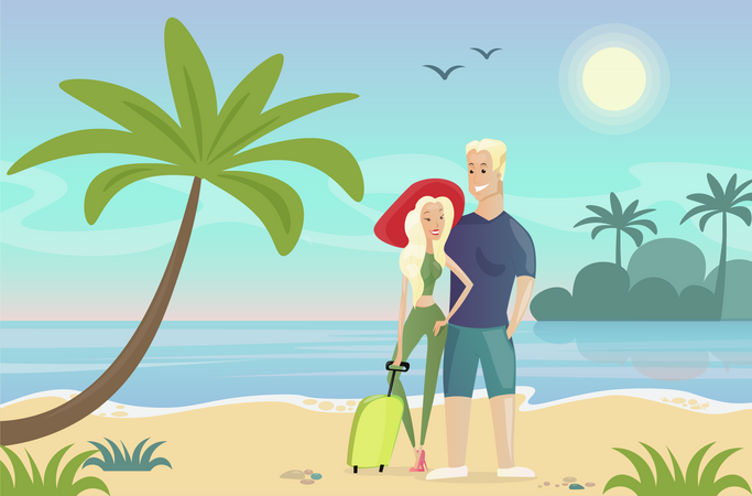 Couple standing together at beach  일러스트레이션
