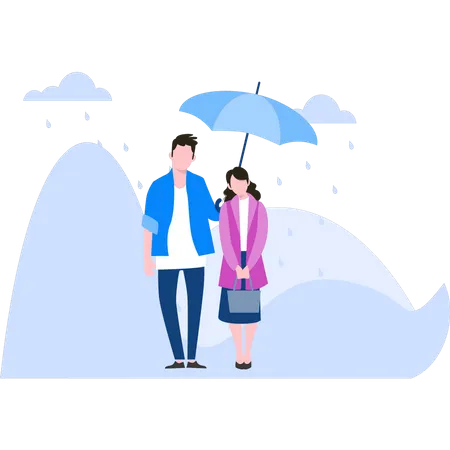 Couple standing under umbrella in rain  Illustration