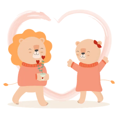 Lion And Lioness Love Vector Illustration Cartoon Flat Cute Happy Lion Couple Standing With Each Other With Flower Valentine Day Celebration Card Illustration