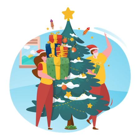 Couple standing with gifts and christmas tree Illustration
