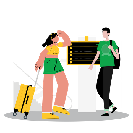 Couple standing with luggage at airport  イラスト