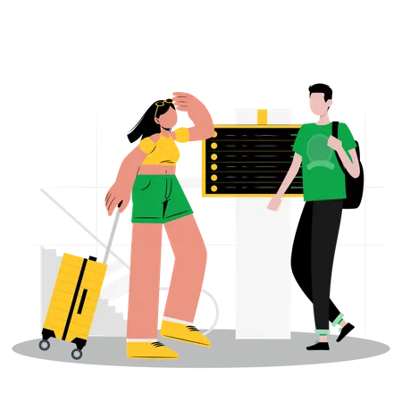 Couple standing with luggage at airport  Illustration