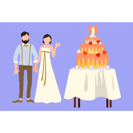 Couple standing with wedding cake  Illustration