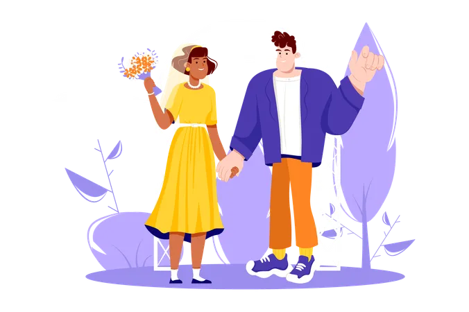 Wedding Violet Concept With People Scene In The Flat Cartoon Design A Young Couple Stands At The Altar On Their Wedding Day Vector Illustration Illustration