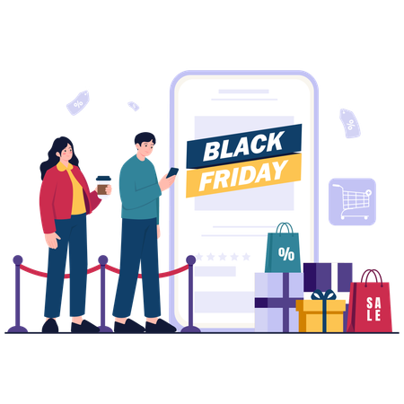 Couple stands in Black Friday Queue  Illustration
