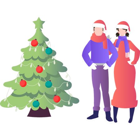 Couple stands near Christmas tree  Illustration