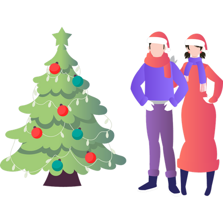 Couple stands near Christmas tree  Illustration