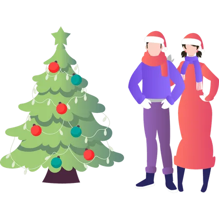 A Couple Stands Near A Christmas Tree Illustration