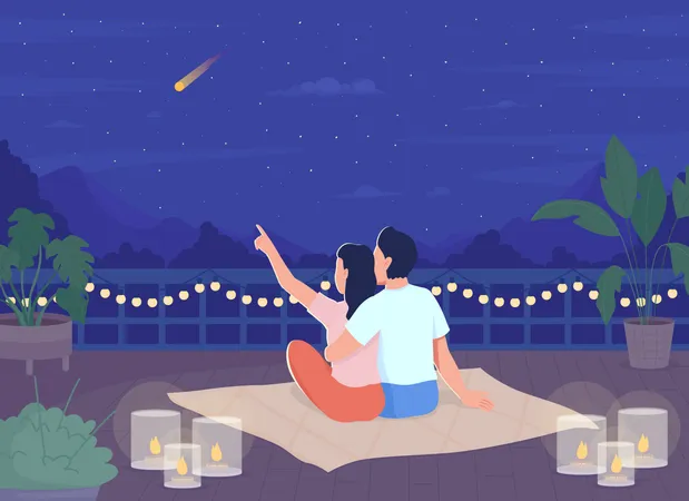Couple Stargazing On Rooftop In Evening Flat Color Vector Illustration Man And Woman At Romantic Date Relationship Fully Editable 2 D Simple Cartoon Characters With Dark Sky On Background Illustration