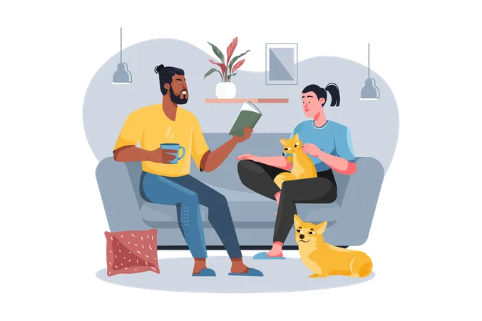 Yellow Concept People Spend Weekend At Home With People Scene In The Flat Cartoon Design Young Illustration