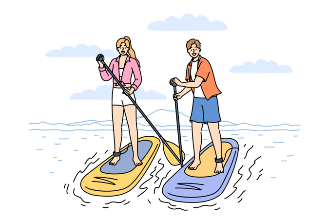 Couple surfant sur une planche de SUP en été  Illustration