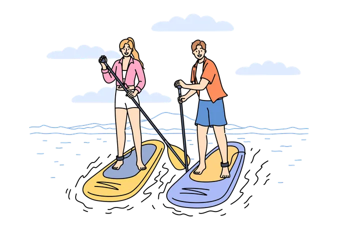 Couple surfant sur une planche de SUP en été  Illustration