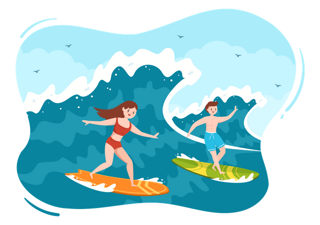 Couple surfing in sea Illustration