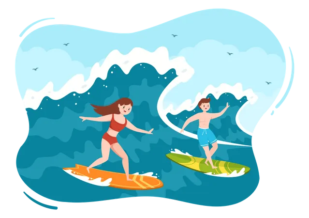 Couple surfing in sea Illustration