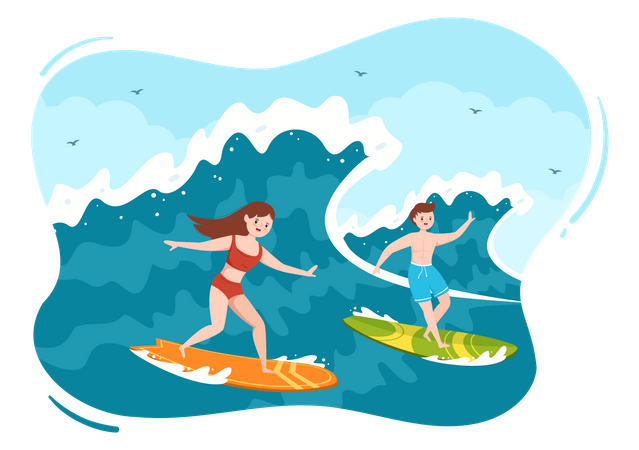 Couple surfing in sea  Illustration