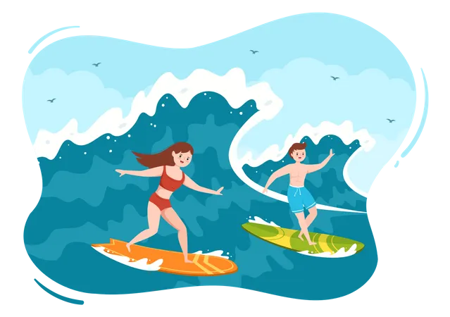 Couple surfing in sea  Illustration