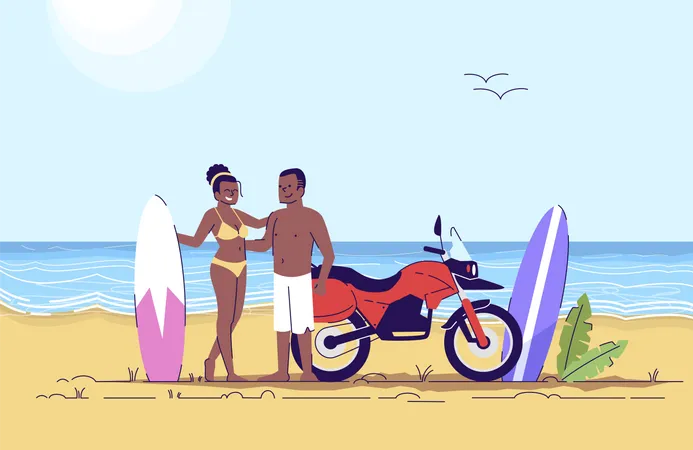Couple Surfing on beach Illustration