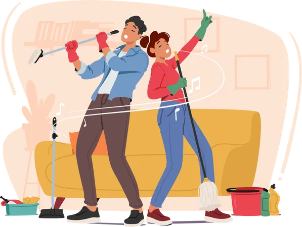 Joyful Couple Tidying Their Home Immersed In Music Rhythms Young Characters Sweeping And Singing Their Laughter Harmonizes With The Melody Turning Chores Into A Delightful Dance Of Togetherness イラスト