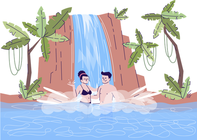 Couple Swimming Under Waterfall Illustration