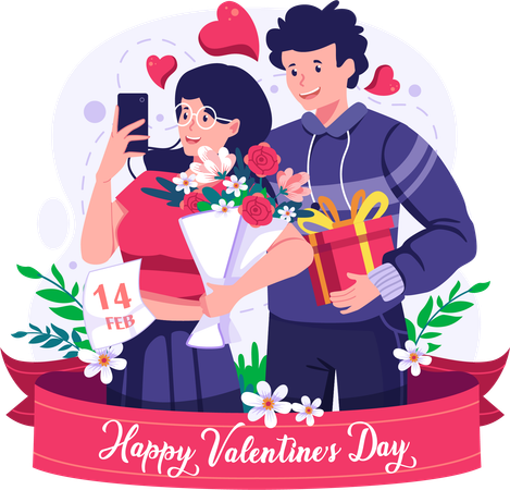 Couple take a selfie on Valentine's day  イラスト