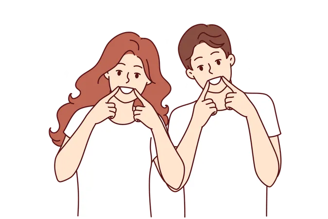 Happy Man And Woman Smile Broadly And Raise Fingers To Mouths Recommending Use Of Whitening Toothpaste Positive Young Couple Showing Positive Attitude And Fake Joy At Hearing News Illustration