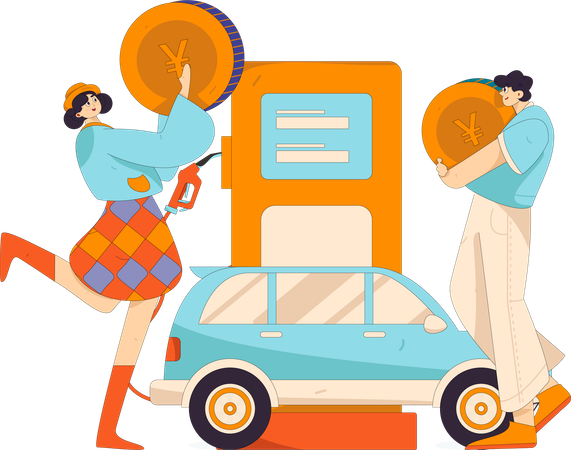 Couple takes new car filling in petrol  Illustration